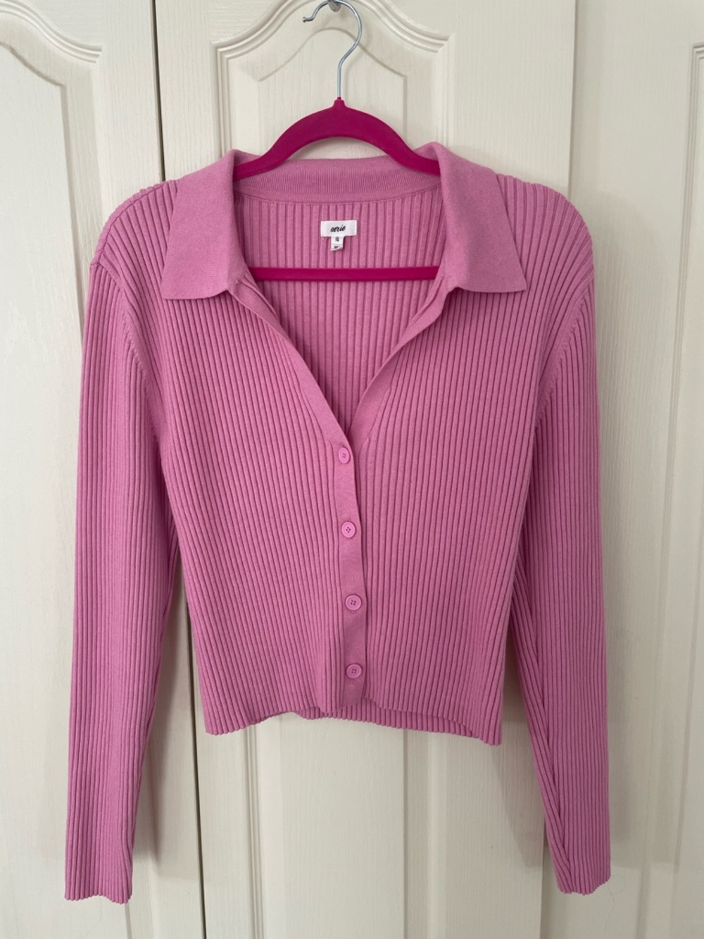 aerie Ribbed Pink Button-Down Collared Top